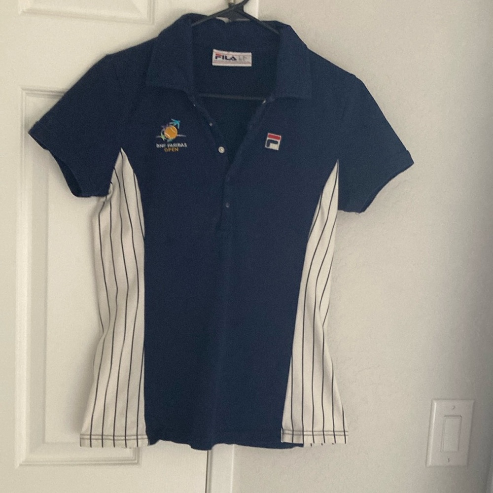 Fila Navy Polo Shirt with White Stripes size small